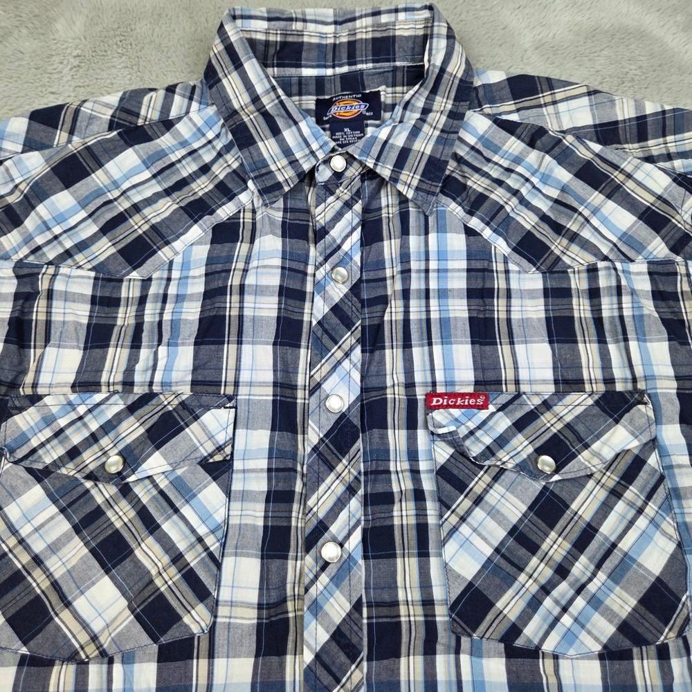 Dickies Plaid Western Shirt Mens XL Pearl Snap Short Sleeve Blue Navy White Top
